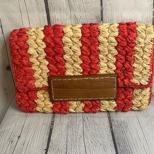 Mar Y Sol Woven handmade Raffia Red and Tan Woven Clutch